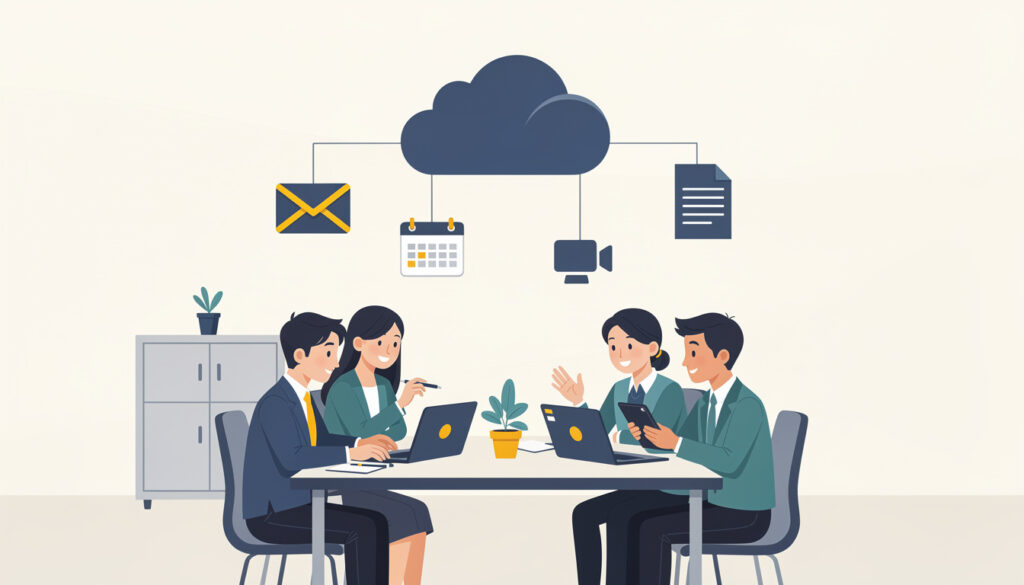 中小企業のオフィスでクラウドツールを共同利用するチームのイラスト