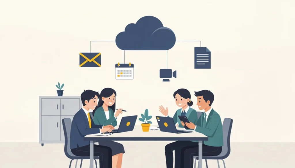 中小企業のオフィスでクラウドツールを共同利用するチームのイラスト