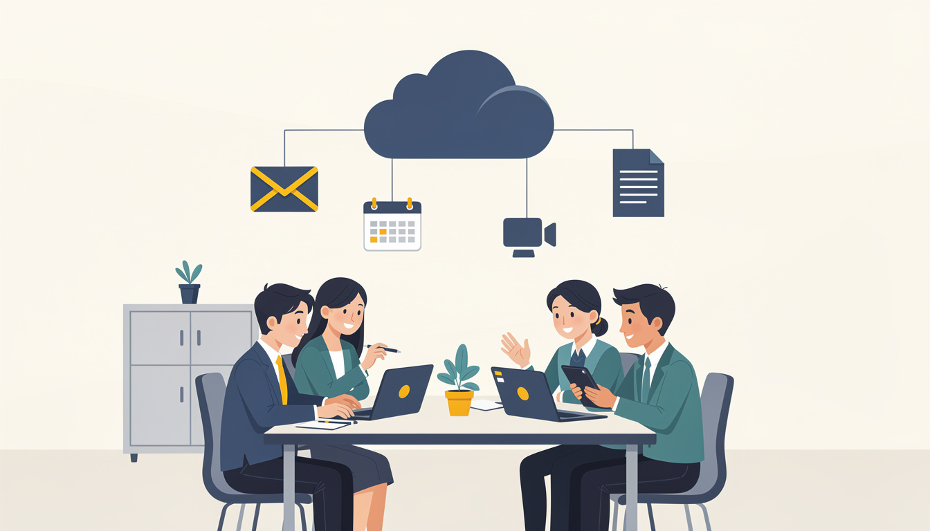 中小企業のオフィスでクラウドツールを共同利用するチームのイラスト